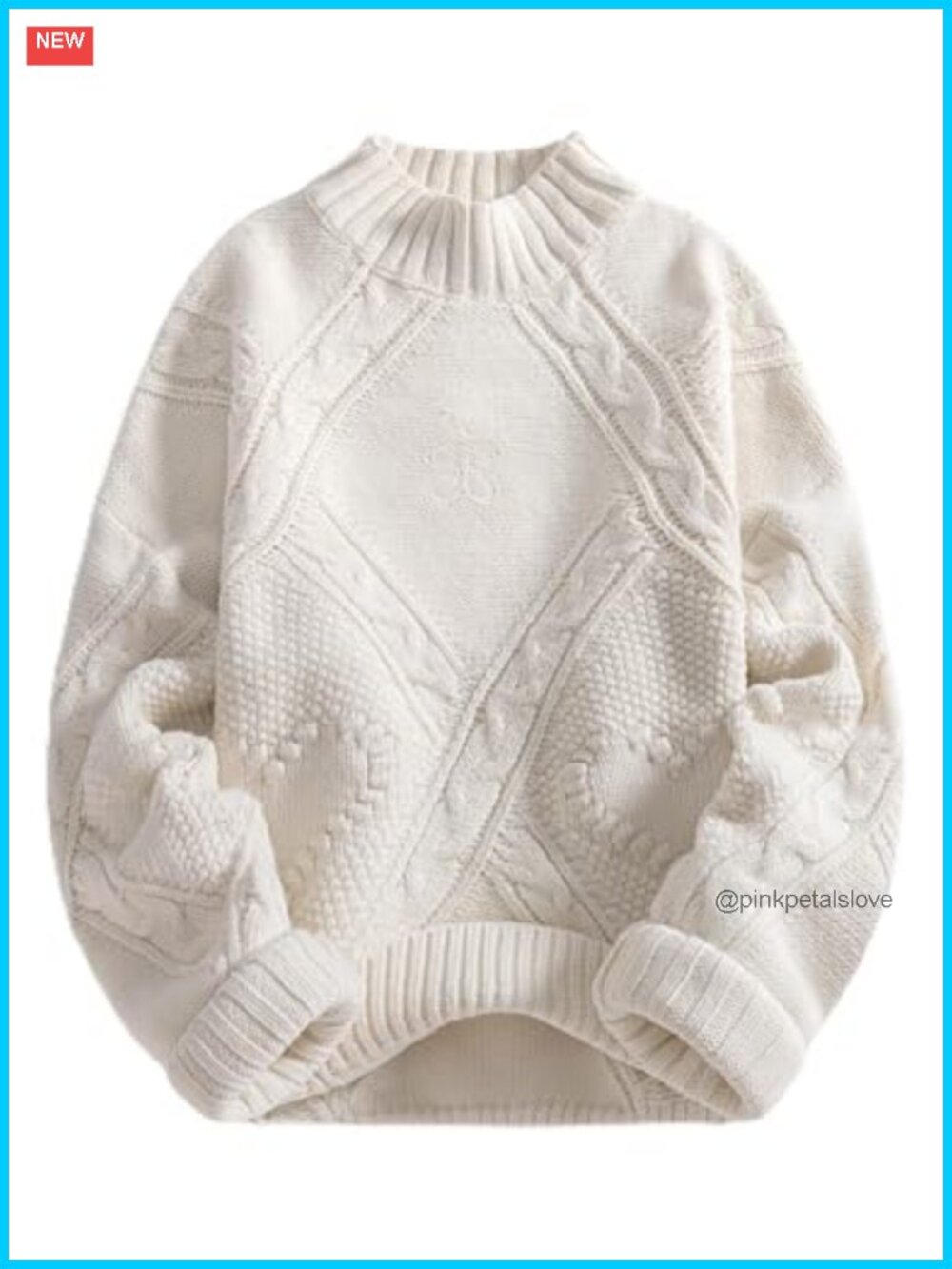 Oversized Cable Knit Chunky Sweater Mock Neck Long Sleeve Heart Pullover